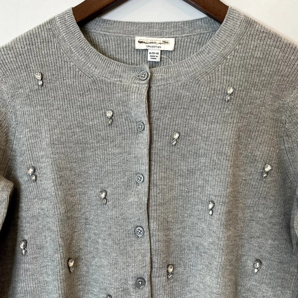 J.Crew Collection Embellished Cardigan Sweater Cotton Holiday CD379 Grey 12 13 - Picture 4 of 15